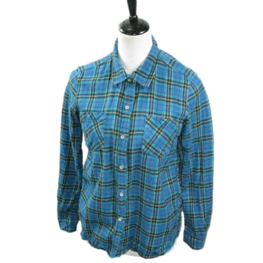 Natural Reflections Turquoise/Yellow Plaid Flannel Top Size Small